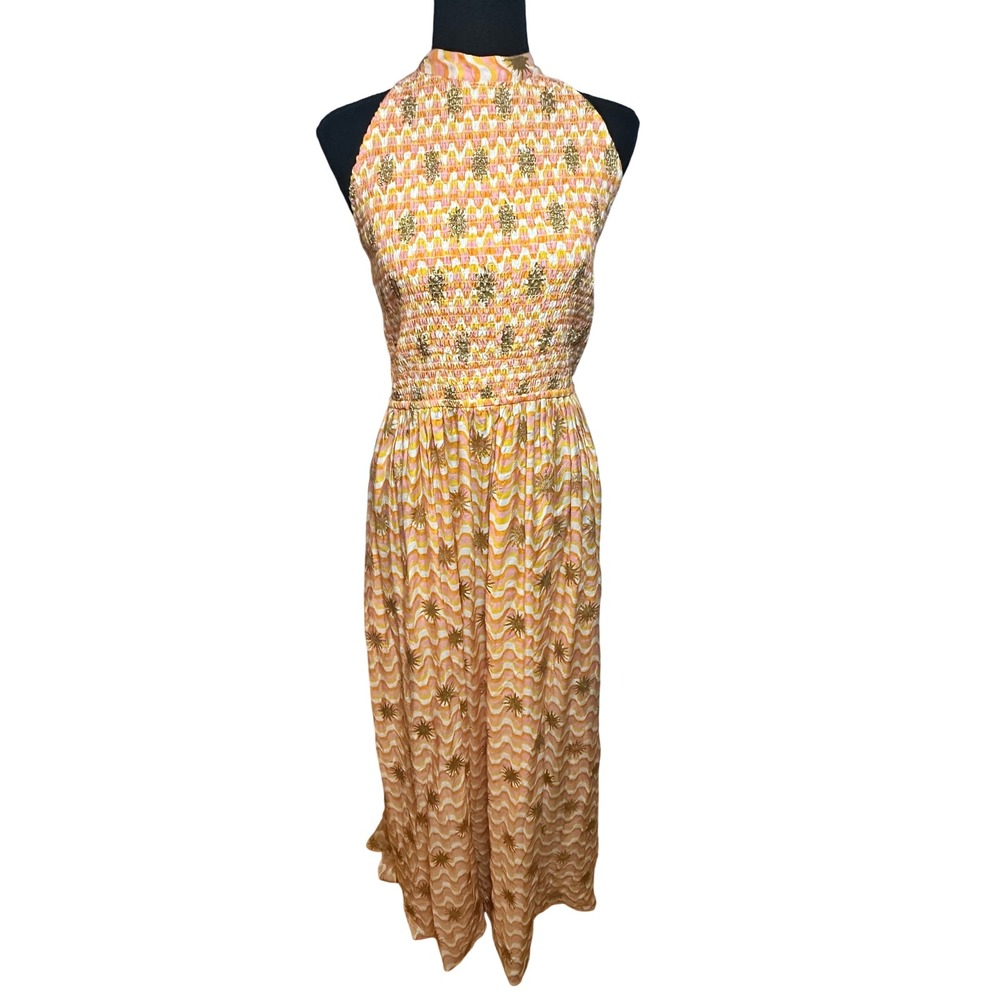 Sundress Luce Arizona Maxi Dress Womens L/XL Orange Pink Gold Smocked Halter NEW